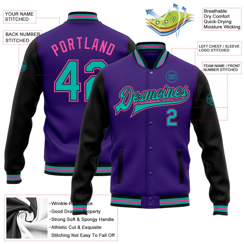Custom Purple Aqua Black Pink Bomber Full Snap Varsity Baseball Jacket, Custom Team Jacket