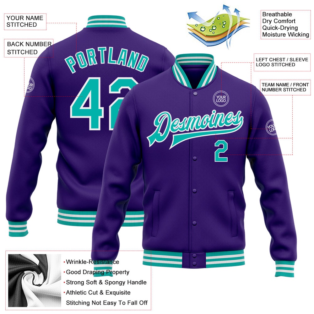 Custom Purple Aqua White Bomber Full Snap Baseball Jacket, Custom Team Jacket