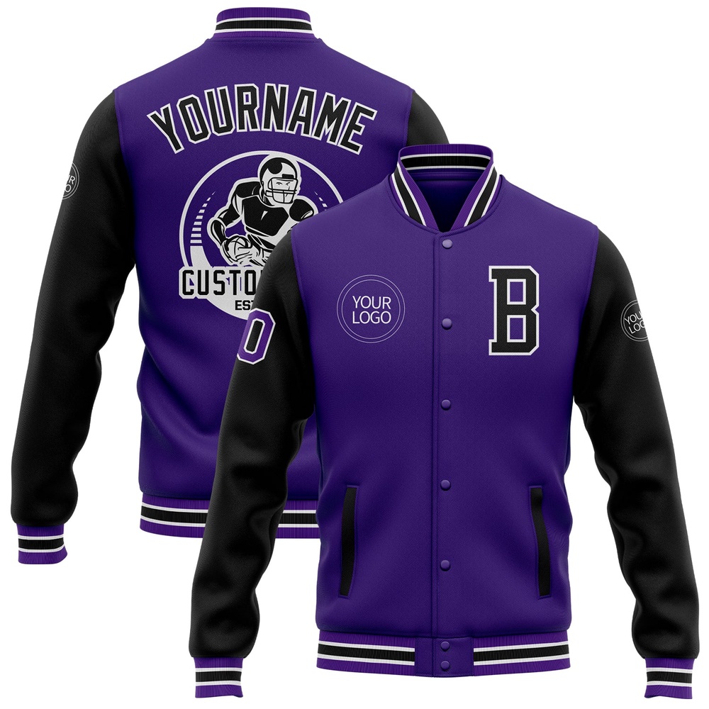 Custom Purple Black Bomber Full Snap Varsity Baseball Jacket, Custom Team Jacket