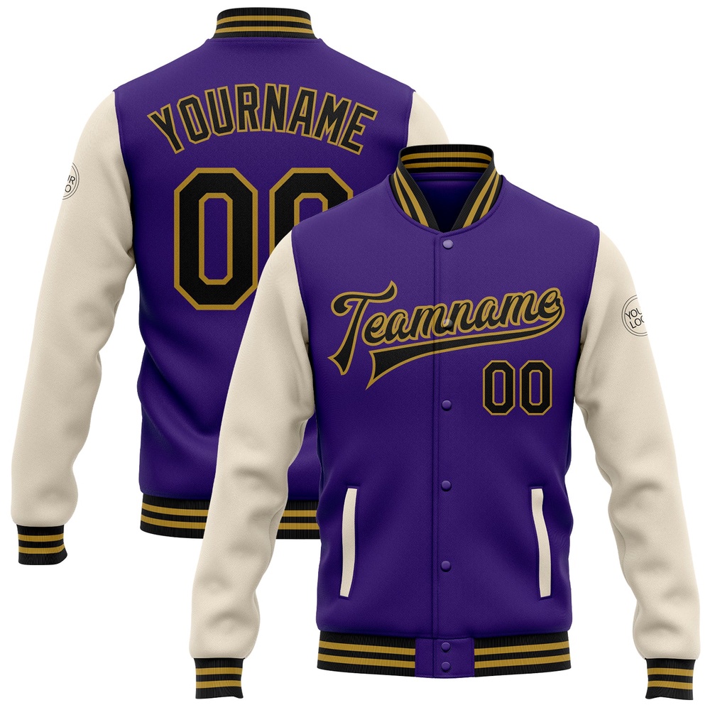 Custom Purple Black Cream Old Gold Bomber Full Snap Varsity Baseball Jacket, Custom Team Jacket