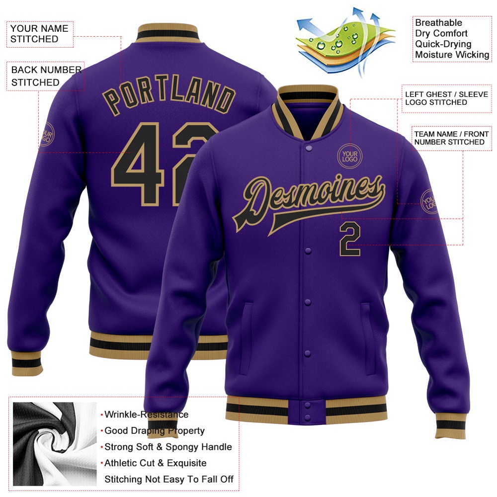 Custom Purple Black Old Gold Bomber Full Snap Baseball Jacket, Custom Team Jacket