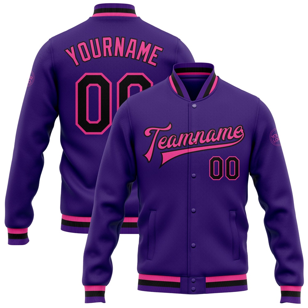 Custom Purple Black Pink Bomber Full Snap Baseball Jacket, Custom Team Jacket