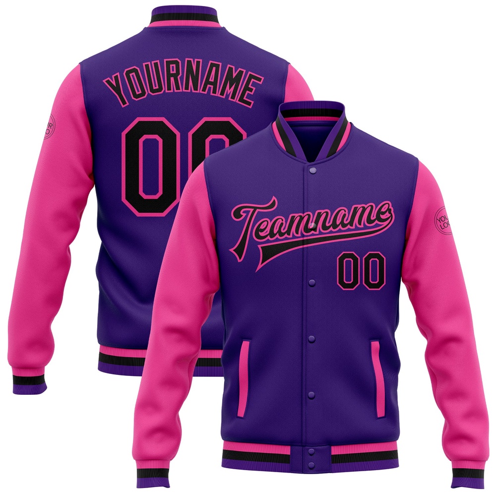 Custom Purple Black Pink Bomber Full Snap Varsity Baseball Jacket, Custom Team Jacket