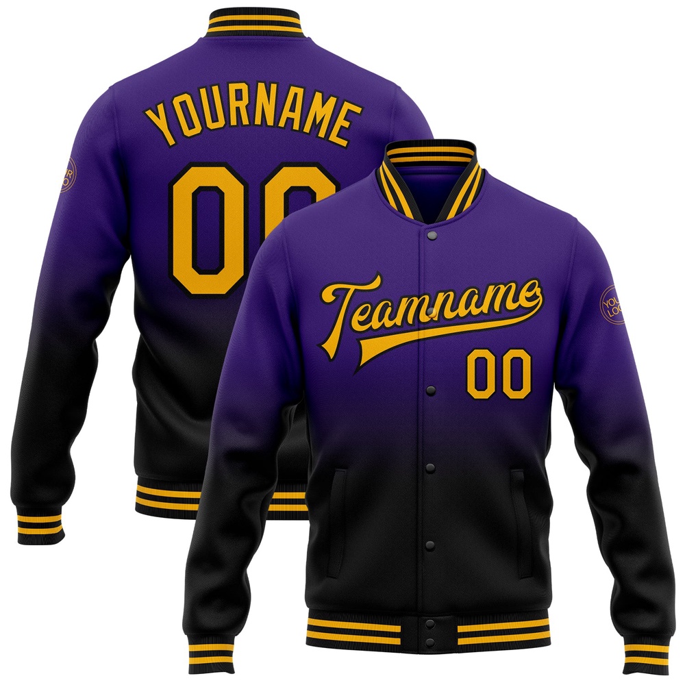 Custom Purple Gold Black Bomber Full Snap Baseball Jacket, Custom Team Jacket