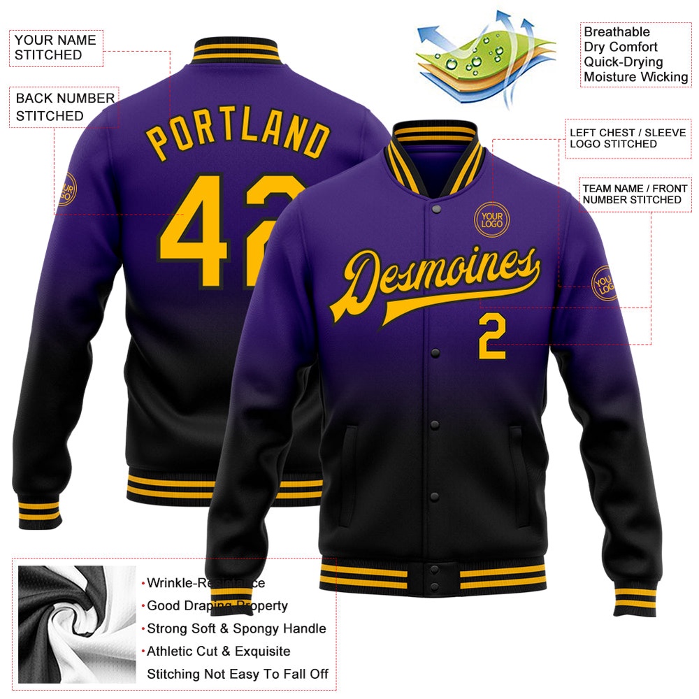 Custom Purple Gold Black Bomber Full Snap Baseball Jacket, Custom Team Jacket