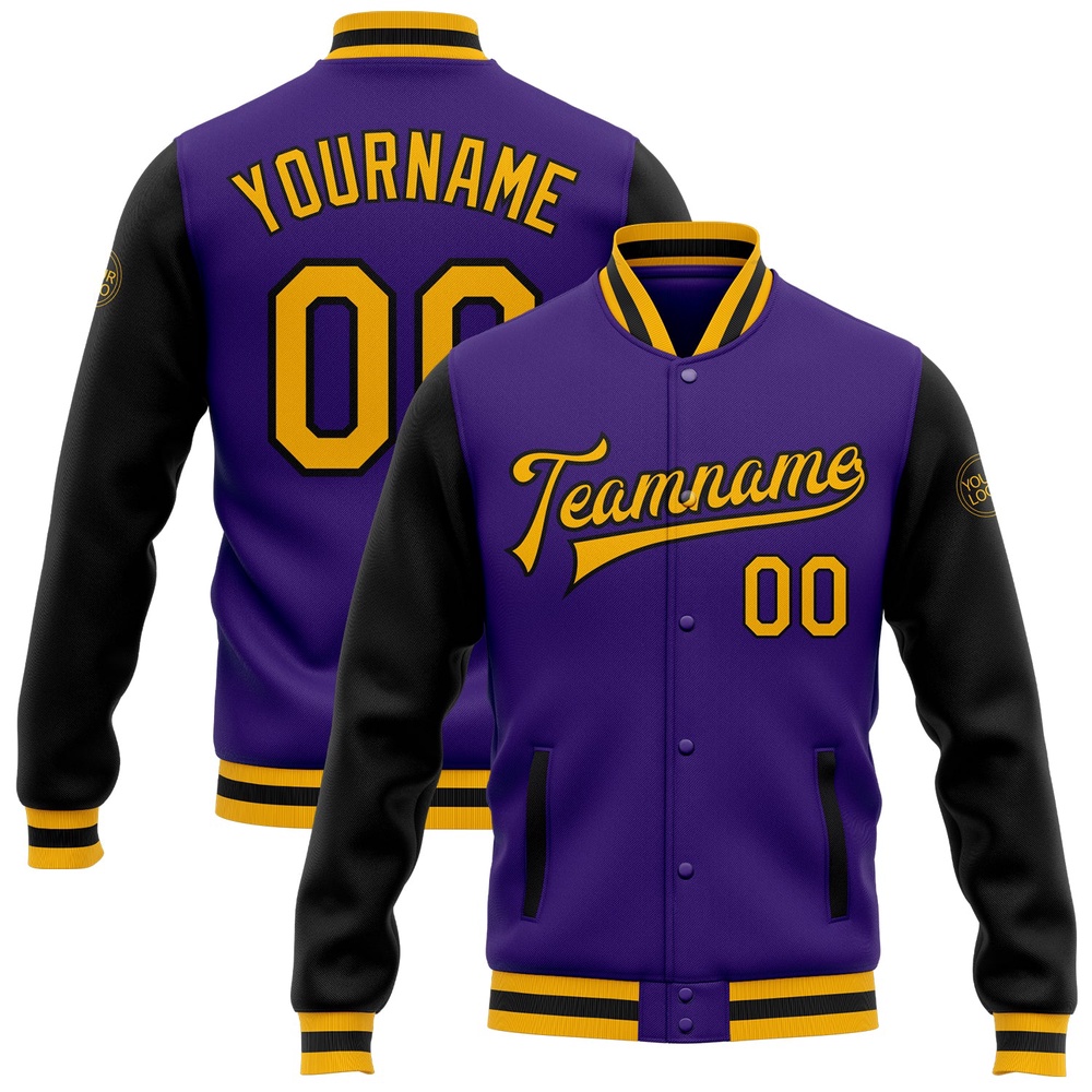 Custom Purple Gold Black Bomber Full Snap Varsity Baseball Jacket, Custom Team Jacket