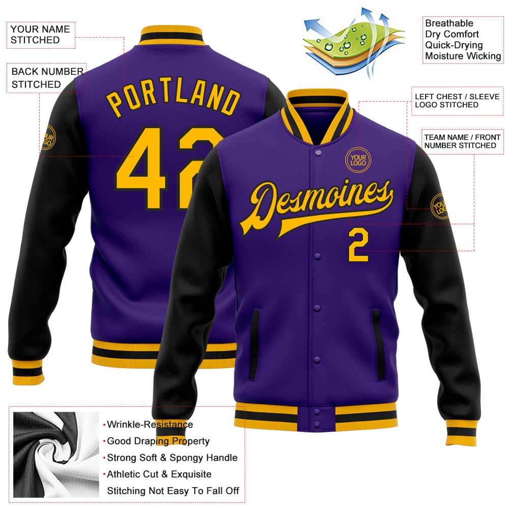 Custom Purple Gold Black Bomber Full Snap Varsity Baseball Jacket, Custom Team Jacket