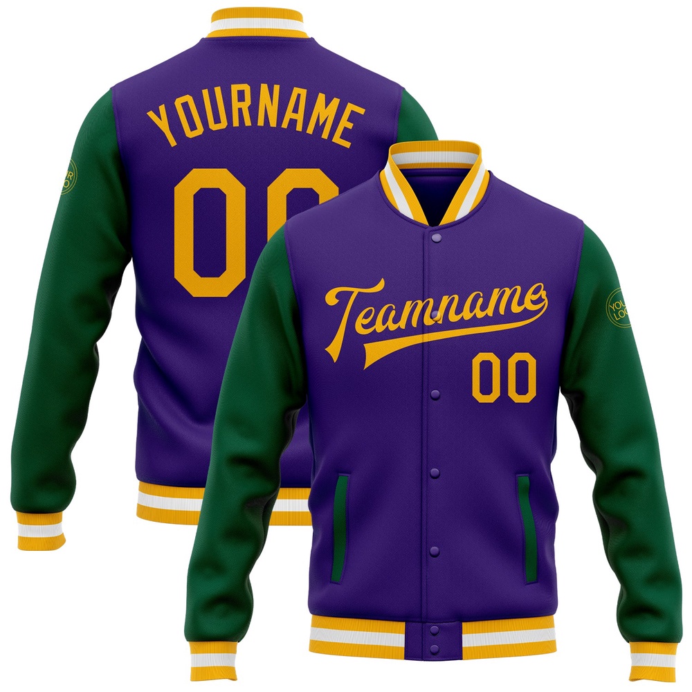 Custom Purple Gold Kelly Green Bomber Full Snap Varsity Baseball Jacket, Custom Team Jacket