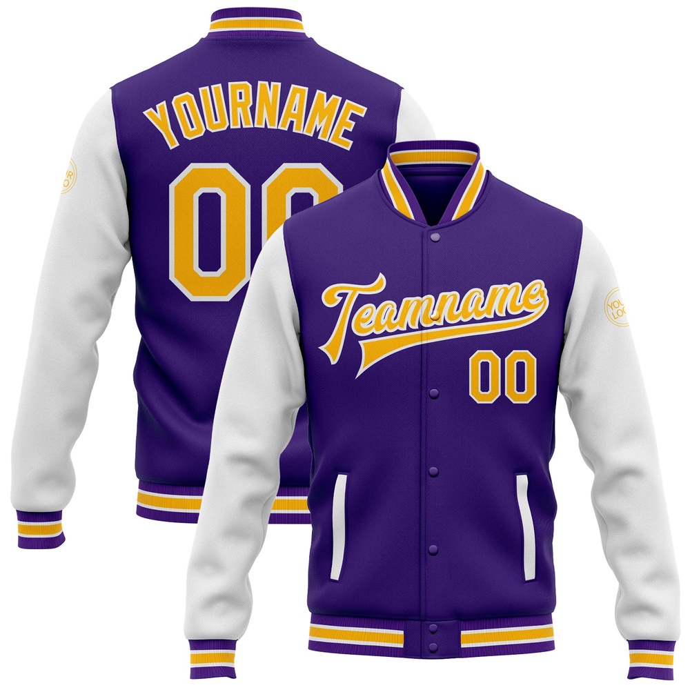 Custom Purple Gold White Bomber Full Snap Varsity Baseball Jacket, Custom Team Jacket