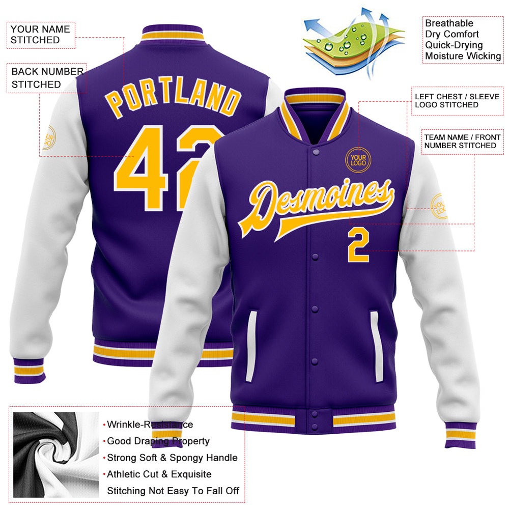 Custom Purple Gold White Bomber Full Snap Varsity Baseball Jacket, Custom Team Jacket