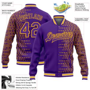 Custom Purple Gold White Halftone 3D Pattern Design Bomber Full Snap Baseball Jacket Custom Team Jacket 2 pmawci.jpg