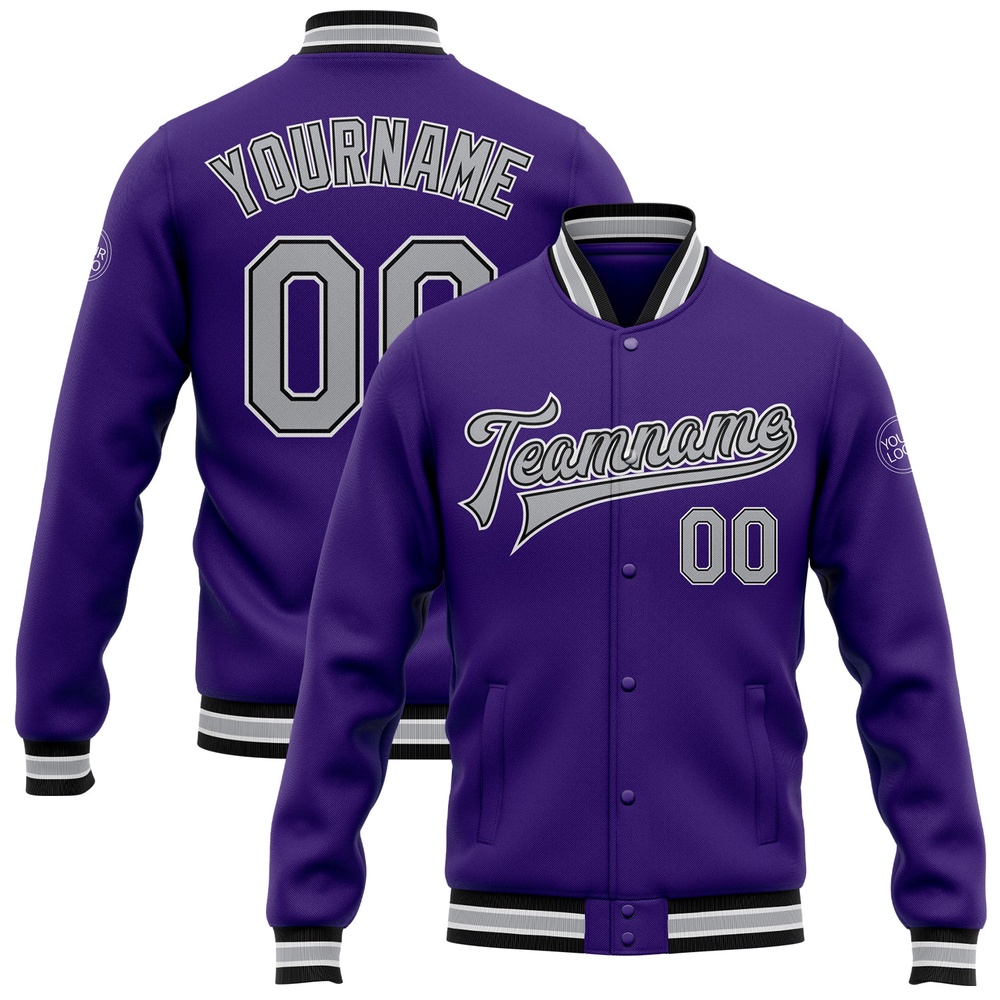 Custom Purple Gray Black Bomber Full Snap Baseball Jacket, Custom Team Jacket