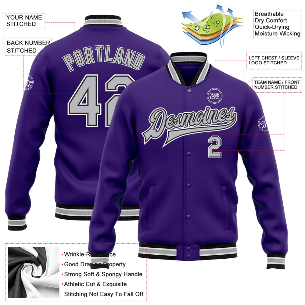 Custom Purple Gray Black Bomber Full Snap Baseball Jacket, Custom Team Jacket
