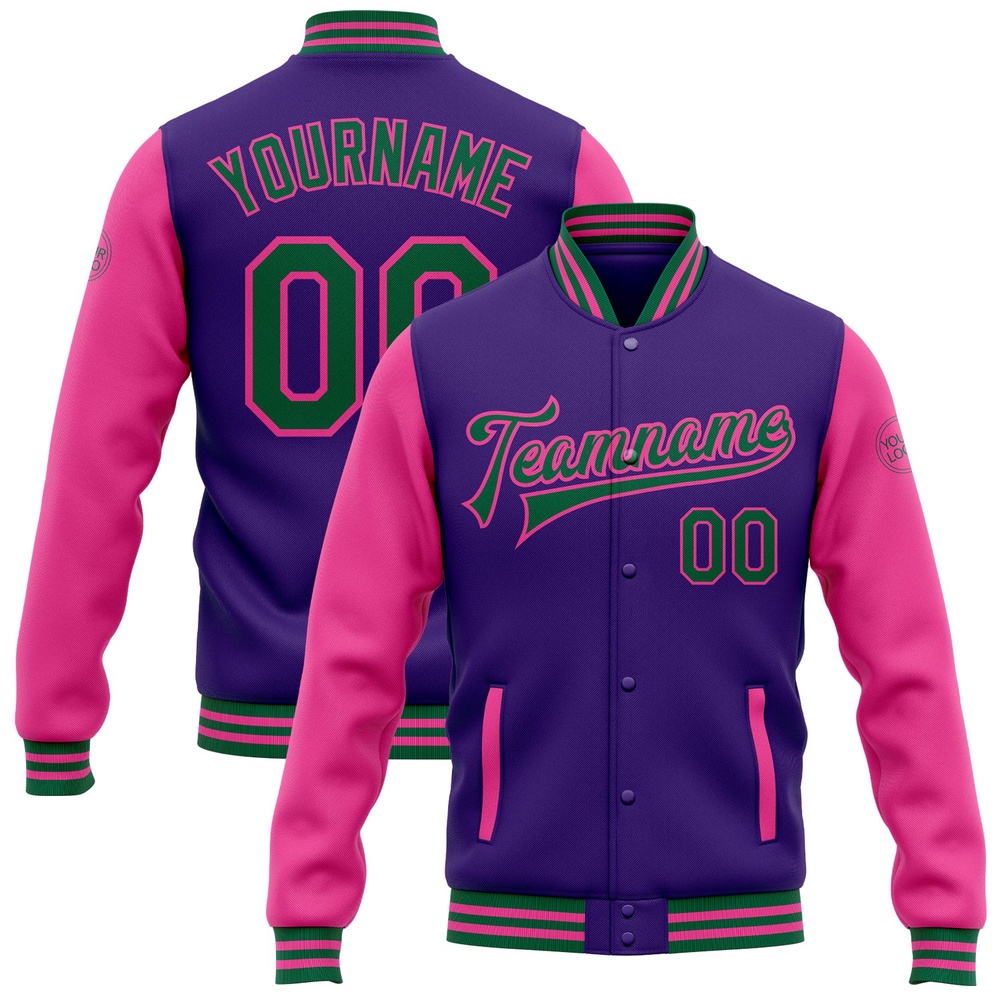Custom Purple Kelly Green Pink Bomber Full Snap Varsity Baseball Jacket, Custom Team Jacket