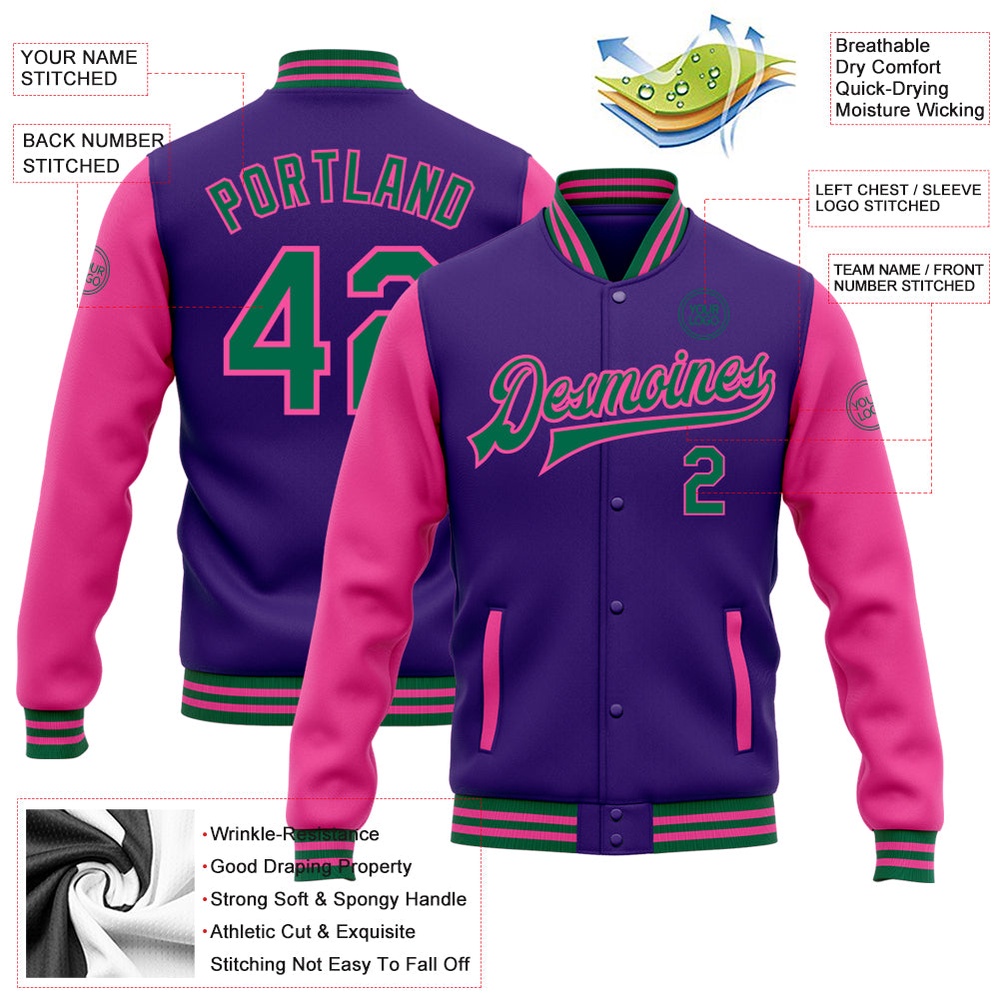 Custom Purple Kelly Green Pink Bomber Full Snap Varsity Baseball Jacket, Custom Team Jacket