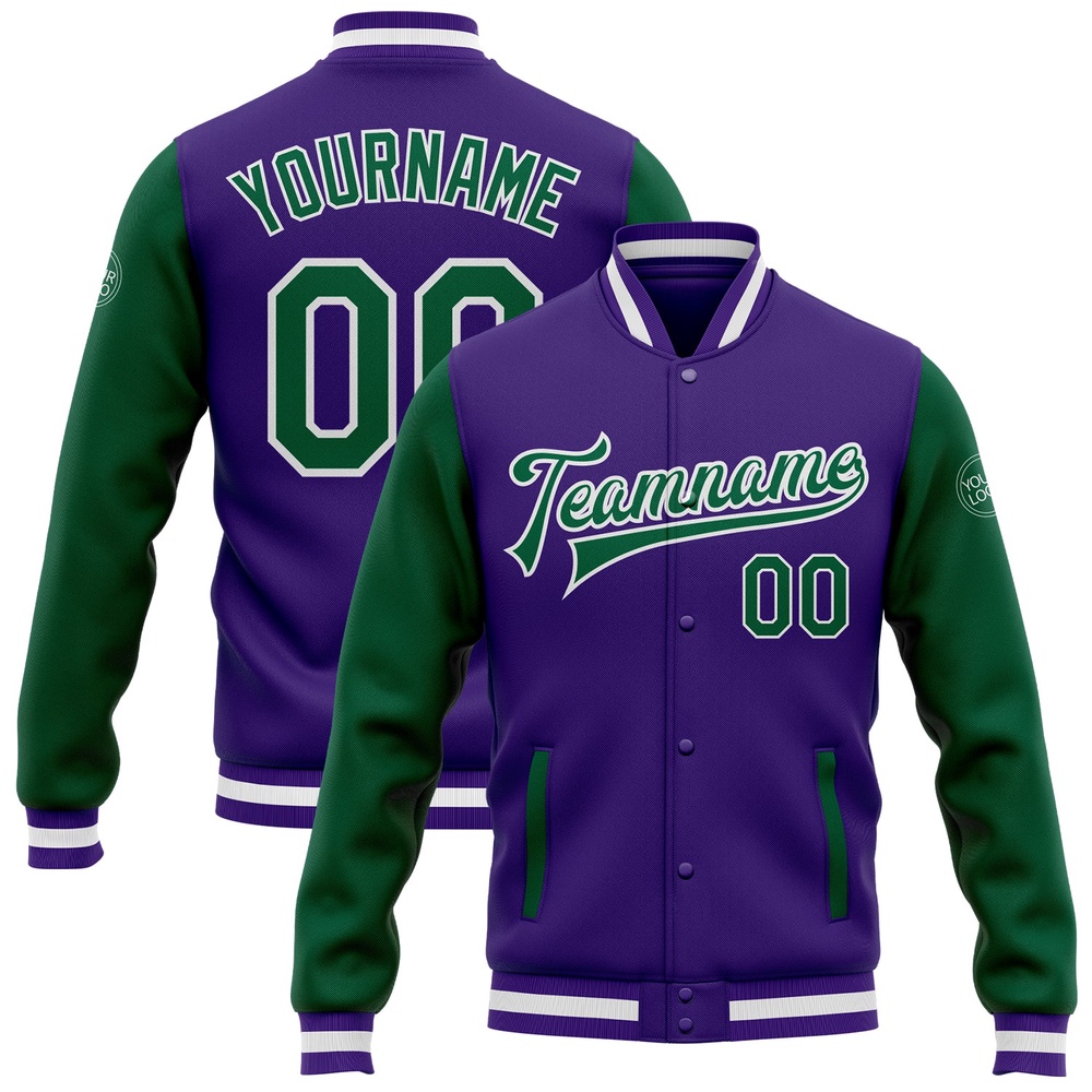 Custom Purple Kelly Green White Bomber Full Snap Varsity Baseball Jacket, Custom Team Jacket