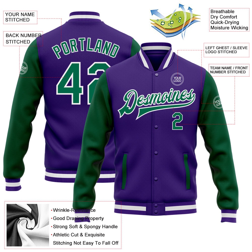 Custom Purple Kelly Green White Bomber Full Snap Varsity Baseball Jacket, Custom Team Jacket