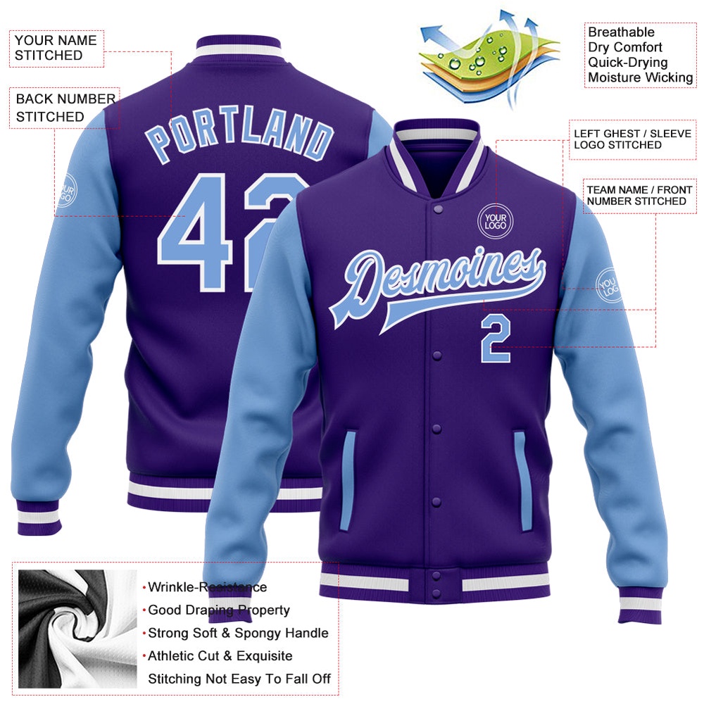 Custom Purple Light Blue White Bomber Full Snap Varsity Baseball Jacket, Custom Team Jacket