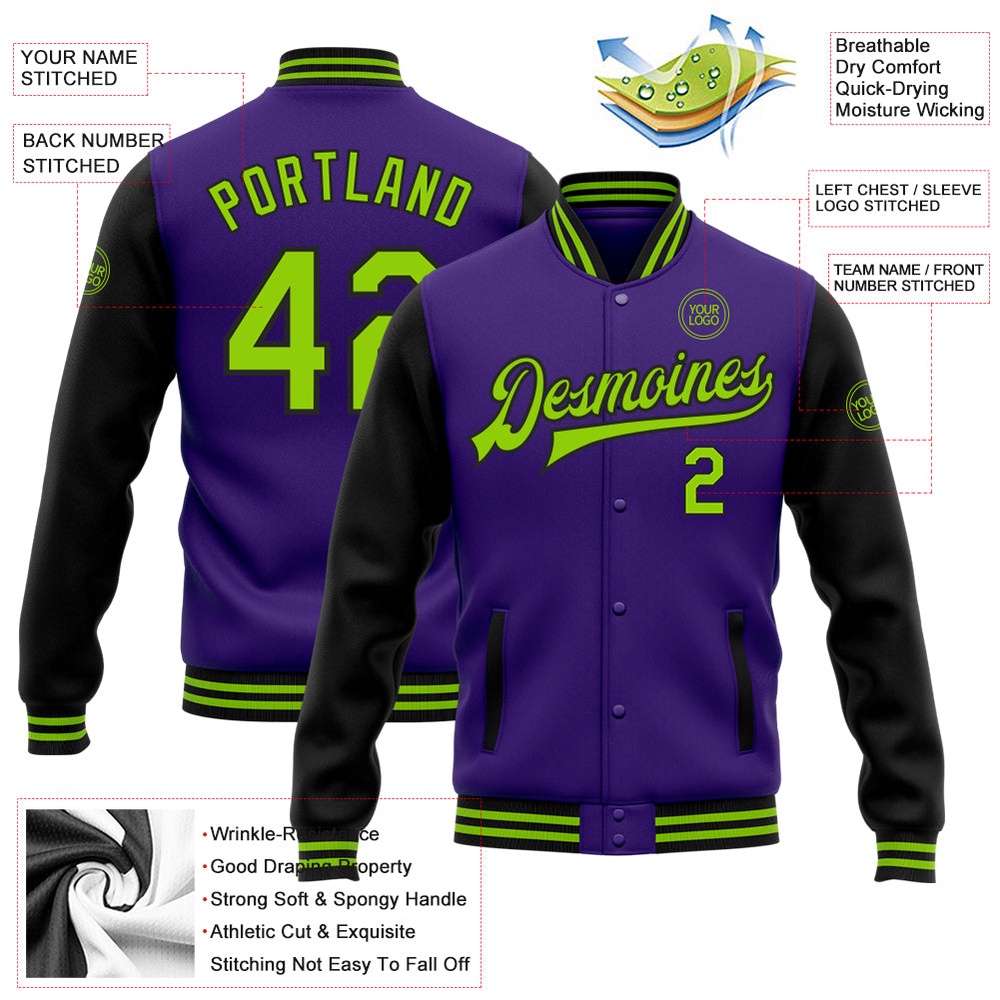 Custom Purple Neon Green Black Bomber Full Snap Varsity Baseball Jacket, Custom Team Jacket