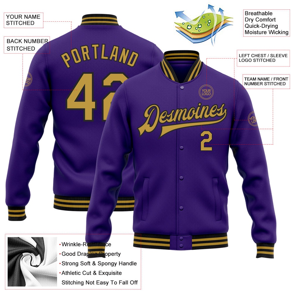 Custom Purple Old Gold Black Bomber Full Snap Baseball Jacket, Custom Team Jacket