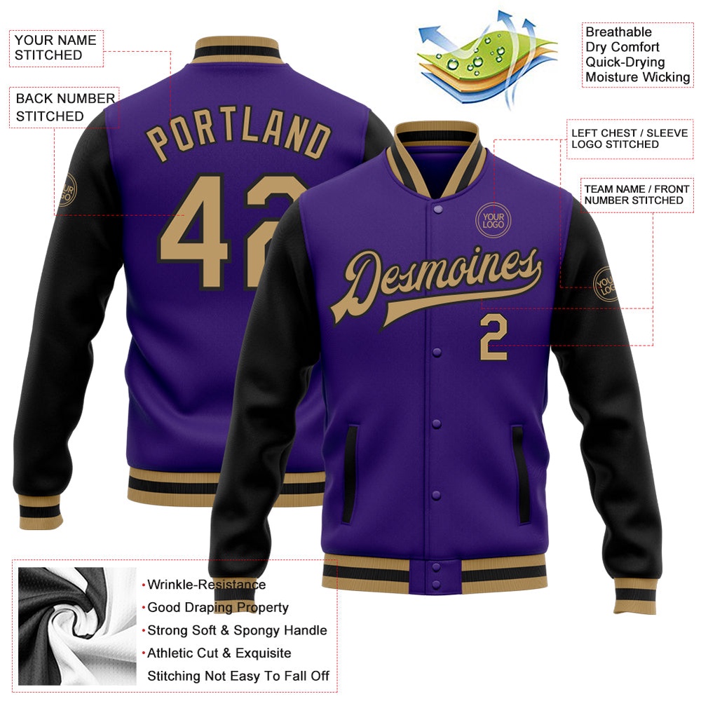 Custom Purple Old Gold Black Bomber Full Snap Varsity Baseball Jacket, Custom Team Jacket