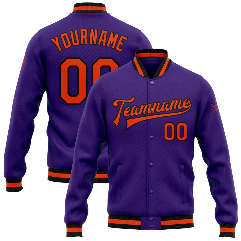 Custom Purple Orange Black Bomber Full Snap Baseball Jacket, Custom Team Jacket