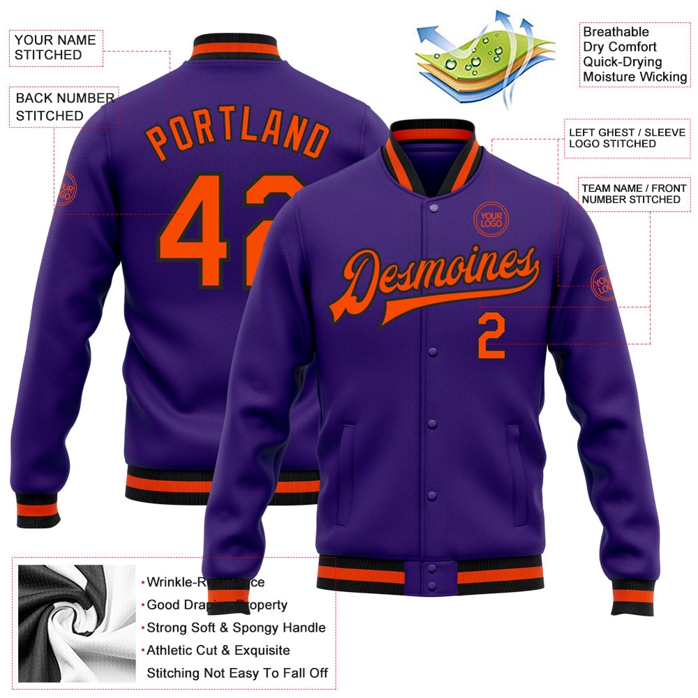 Custom Purple Orange Black Bomber Full Snap Baseball Jacket, Custom Team Jacket