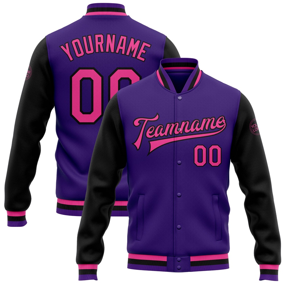 Custom Purple Pink Black Bomber Full Snap Varsity Baseball Jacket, Custom Team Jacket