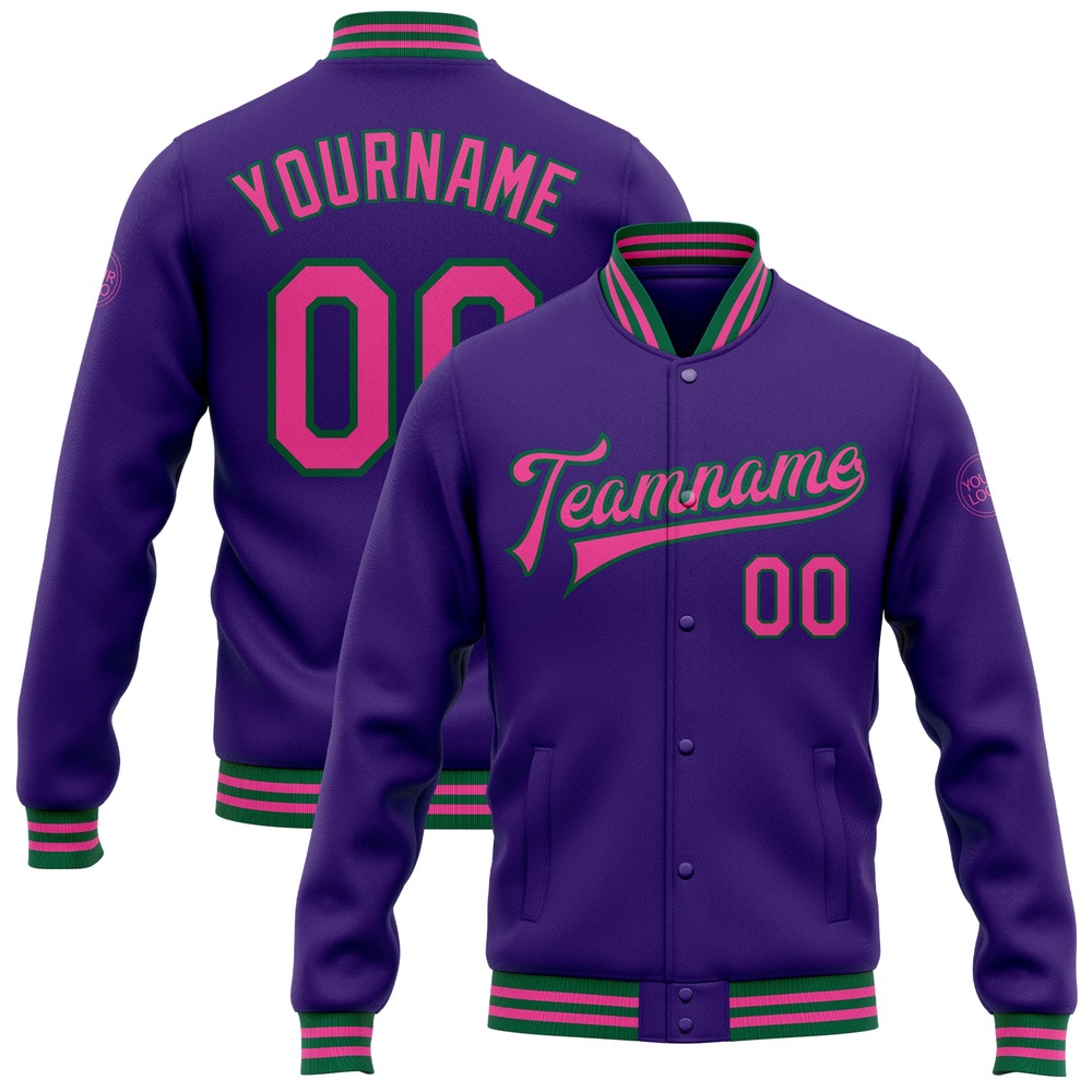 Custom Purple Pink Kelly Green Bomber Full Snap Baseball Jacket, Custom Team Jacket