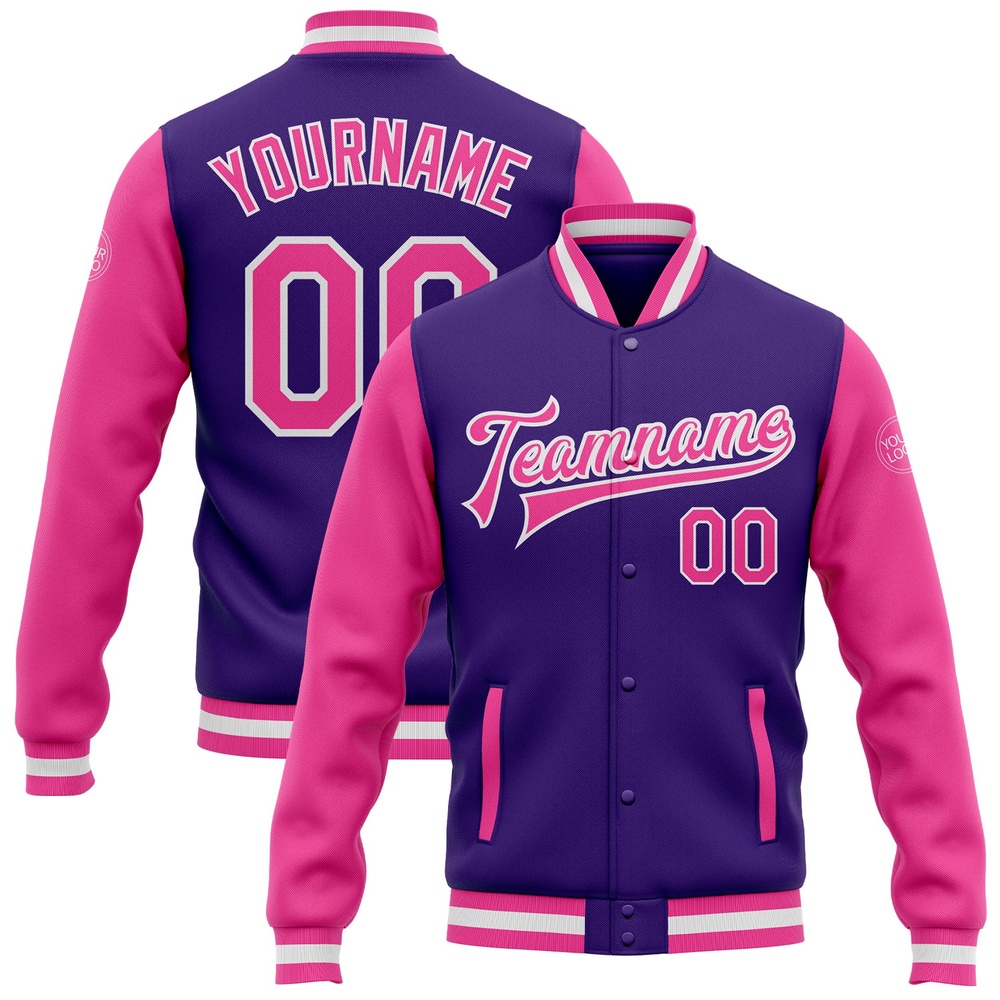Custom Purple Pink White Bomber Full Snap Varsity Baseball Jacket, Custom Team Jacket