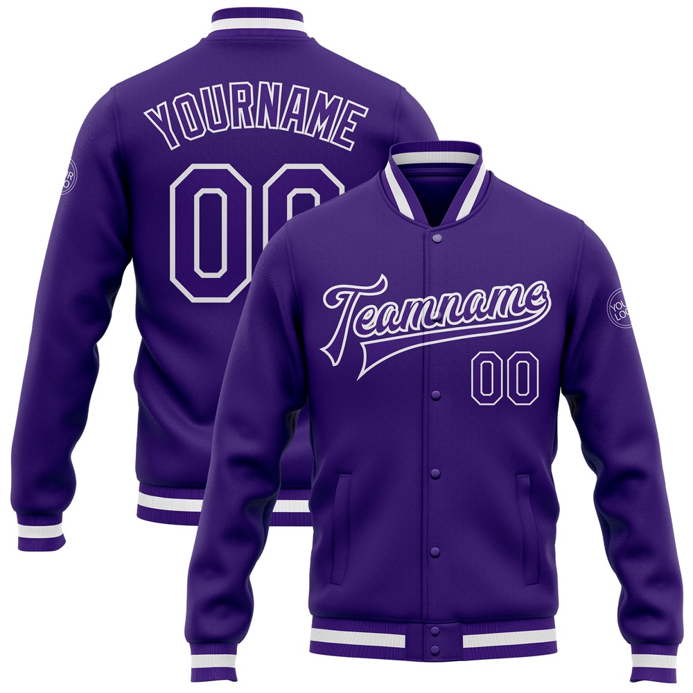 Custom Purple Purple White Bomber Full Snap Baseball Jacket, Custom Team Jacket