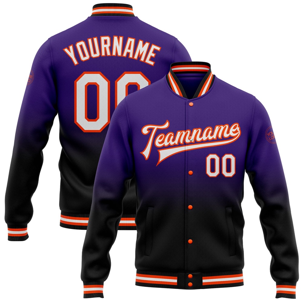 Custom Purple White Black Orange Bomber Full Snap Baseball Jacket, Custom Team Jacket