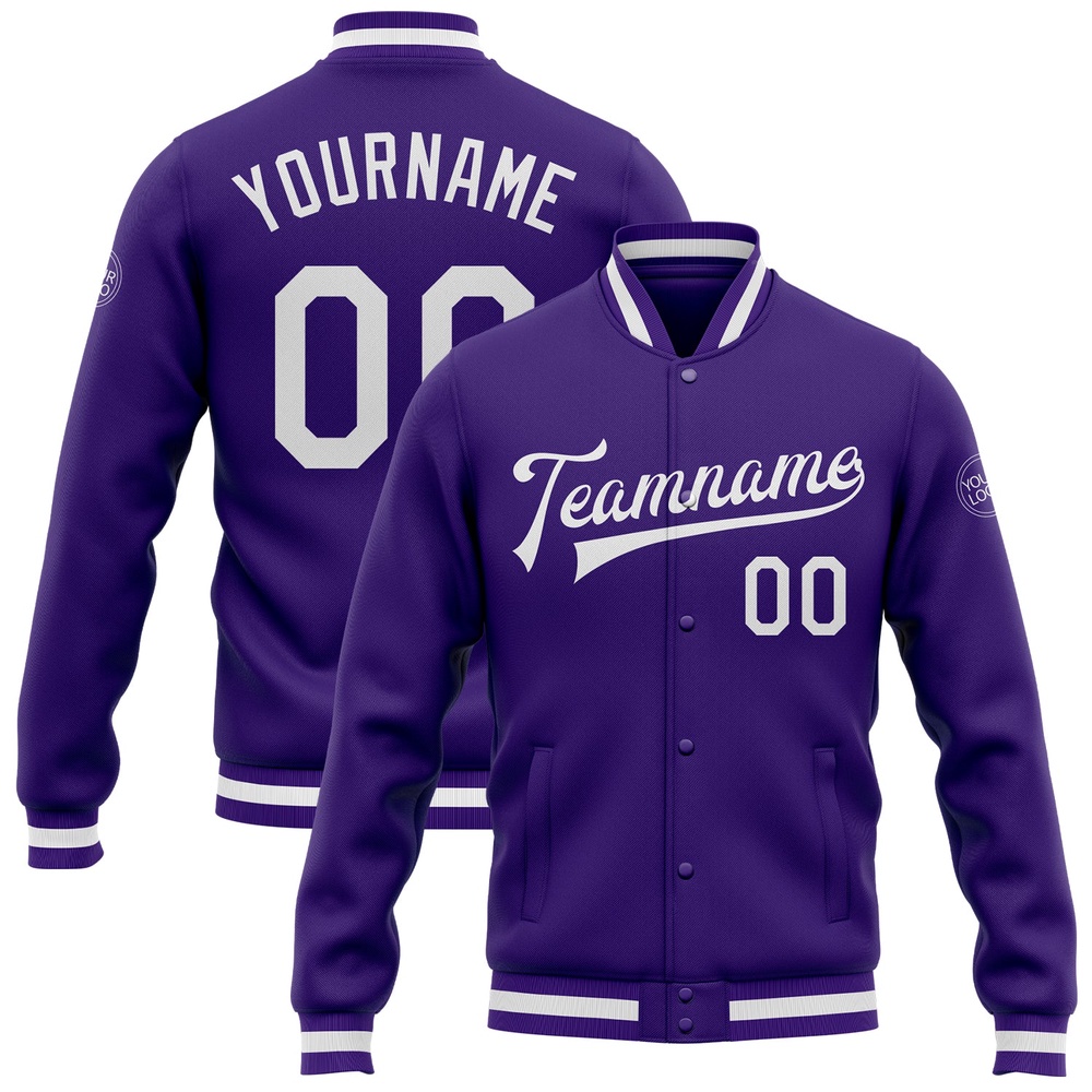Custom Purple White Bomber Full Snap Baseball Jacket, Custom Team Jacket