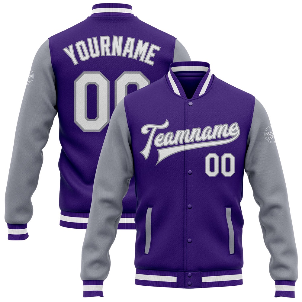 Custom Purple White Gray Bomber Full Snap Varsity Baseball Jacket, Custom Team Jacket