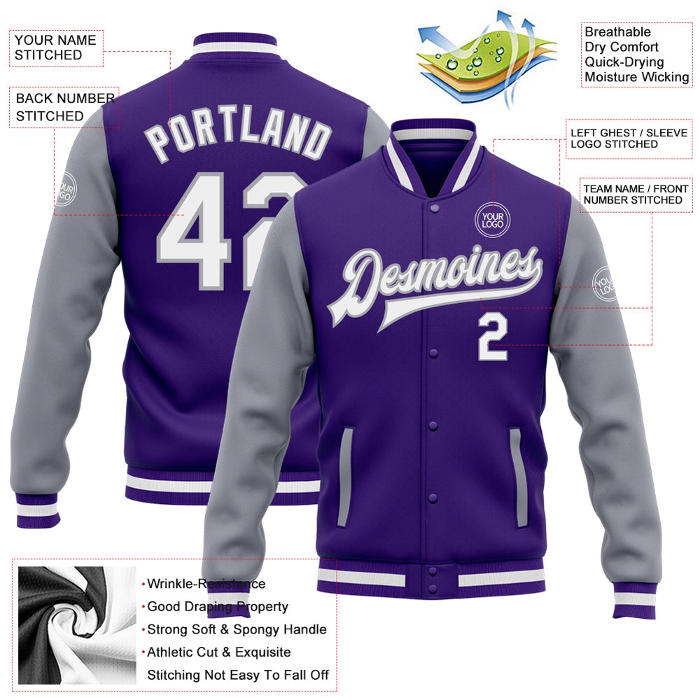 Custom Purple White Gray Bomber Full Snap Varsity Baseball Jacket, Custom Team Jacket