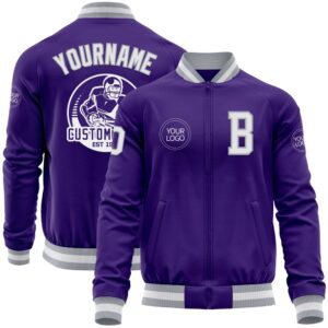 Custom Purple White Gray Bomber Varsity Baseball&hellip;