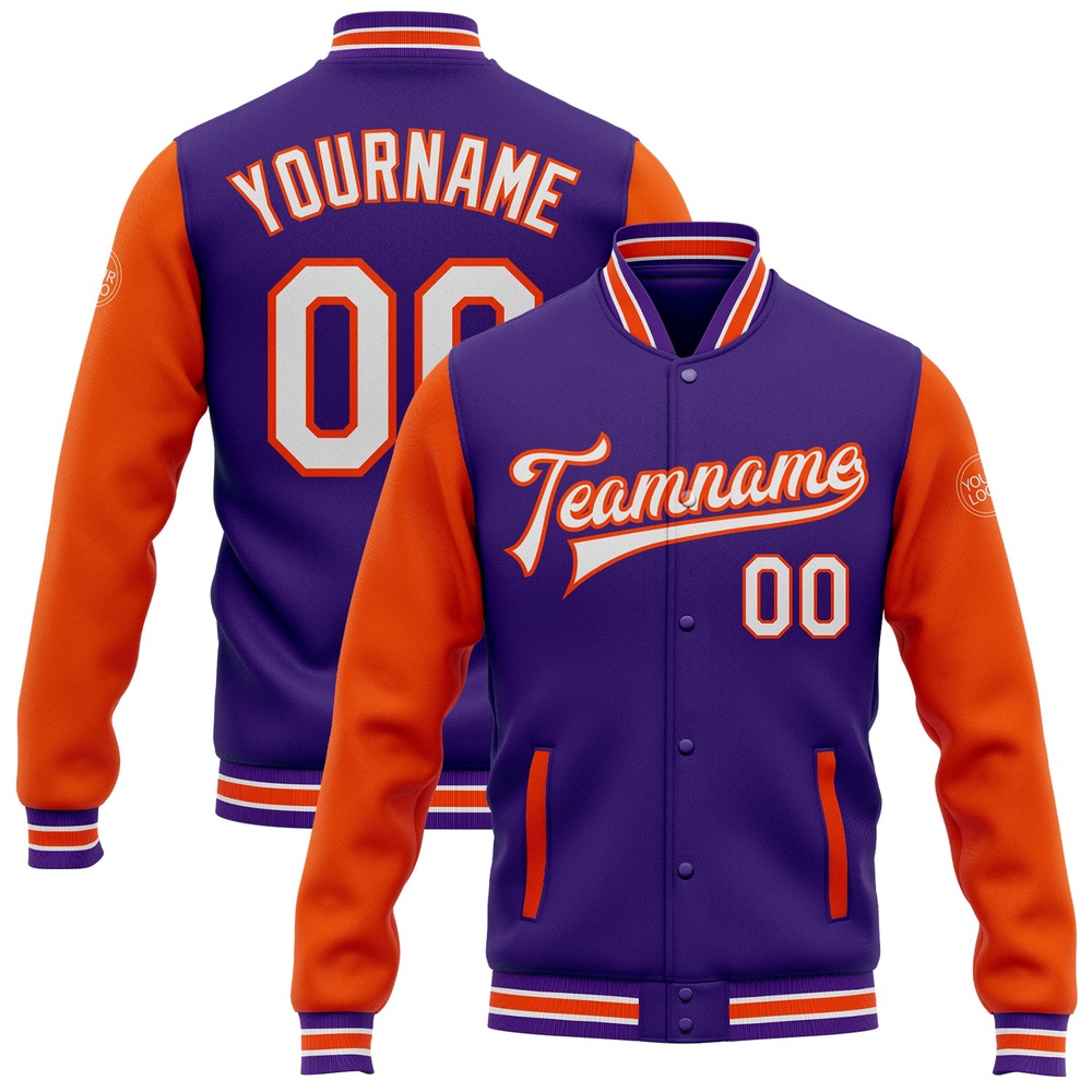 Custom Purple White Orange Bomber Full Snap Varsity Baseball Jacket, Custom Team Jacket