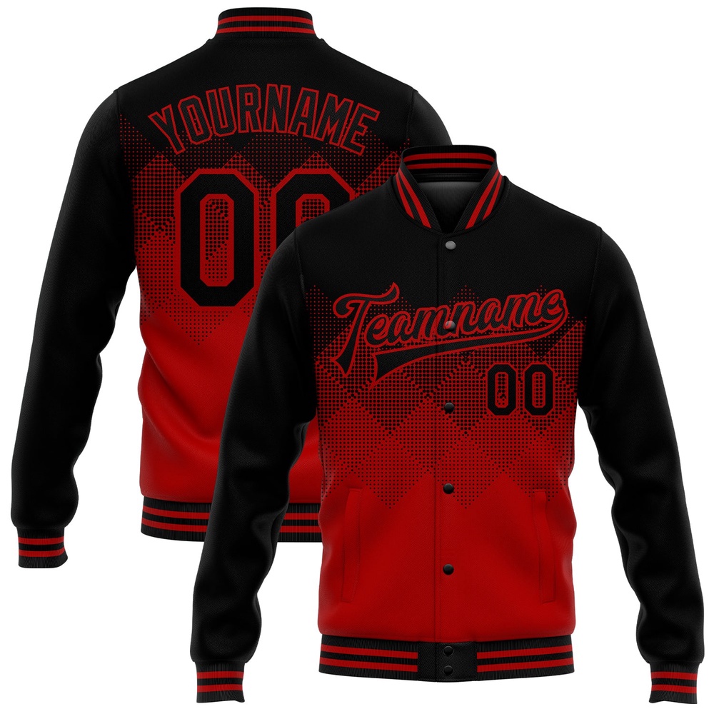 Custom Red Black 3D Pattern Design Bomber Full Snap Baseball Jacket, Custom Team Jacket
