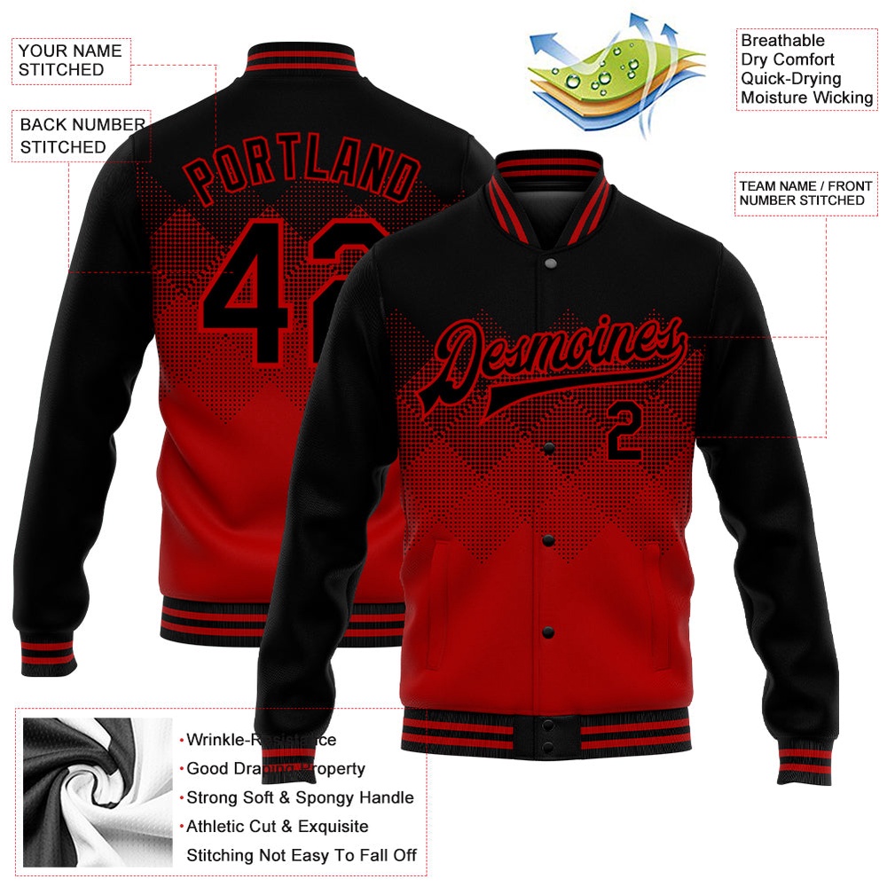 Custom Red Black 3D Pattern Design Bomber Full Snap Baseball Jacket, Custom Team Jacket