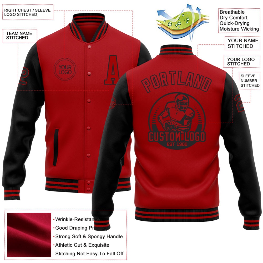 Custom Red Black Bomber Full Snap Varsity Baseball Jacket, Custom Team Jacket