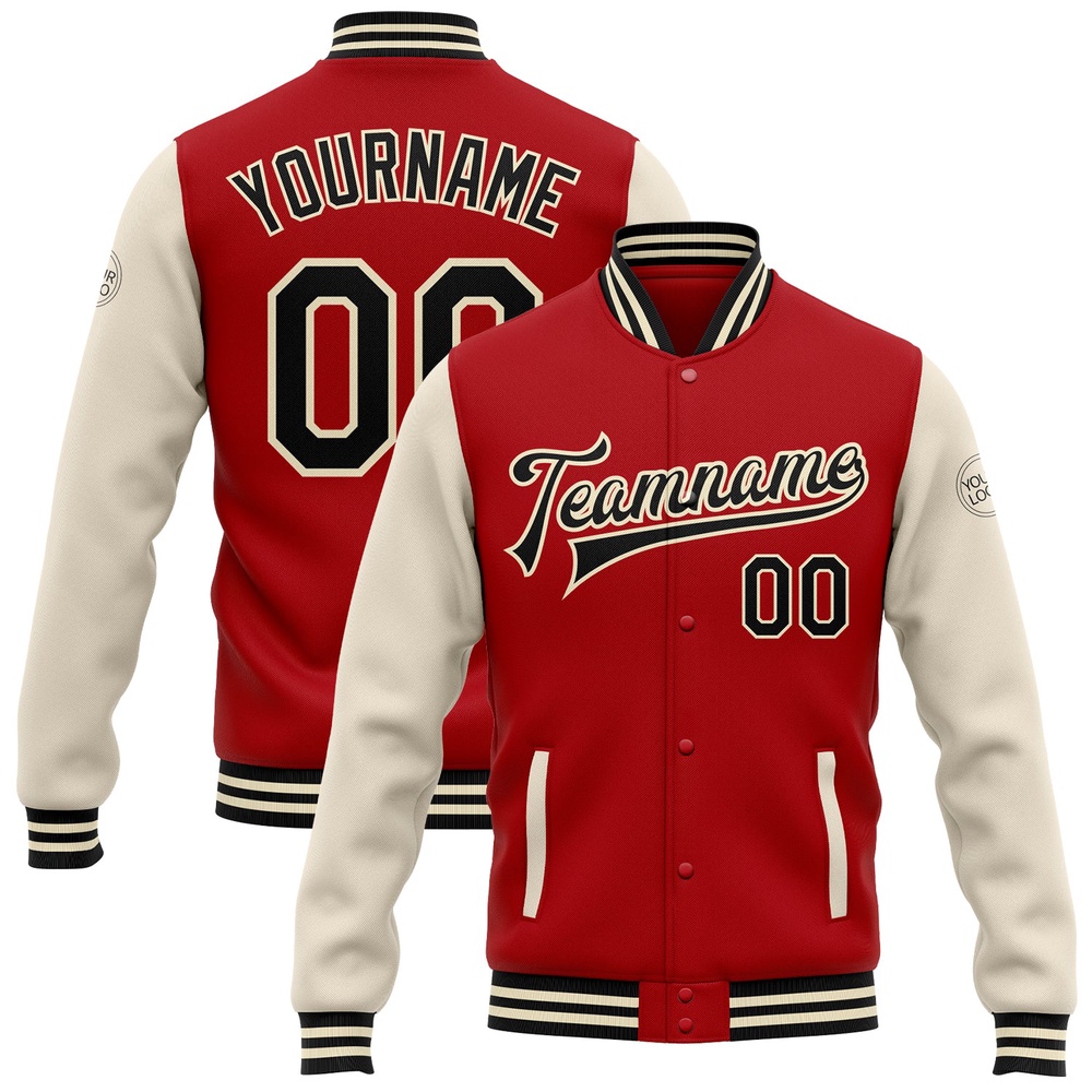 Custom Red Black Cream Bomber Full Snap Varsity Baseball Jacket, Custom Team Jacket