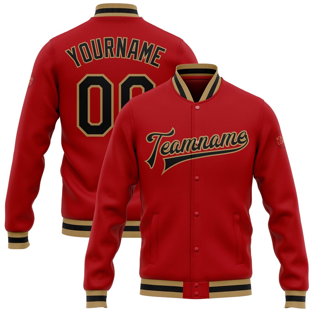 Custom Red Black Old Gold Bomber Full Snap Baseball Jacket, Custom Team Jacket