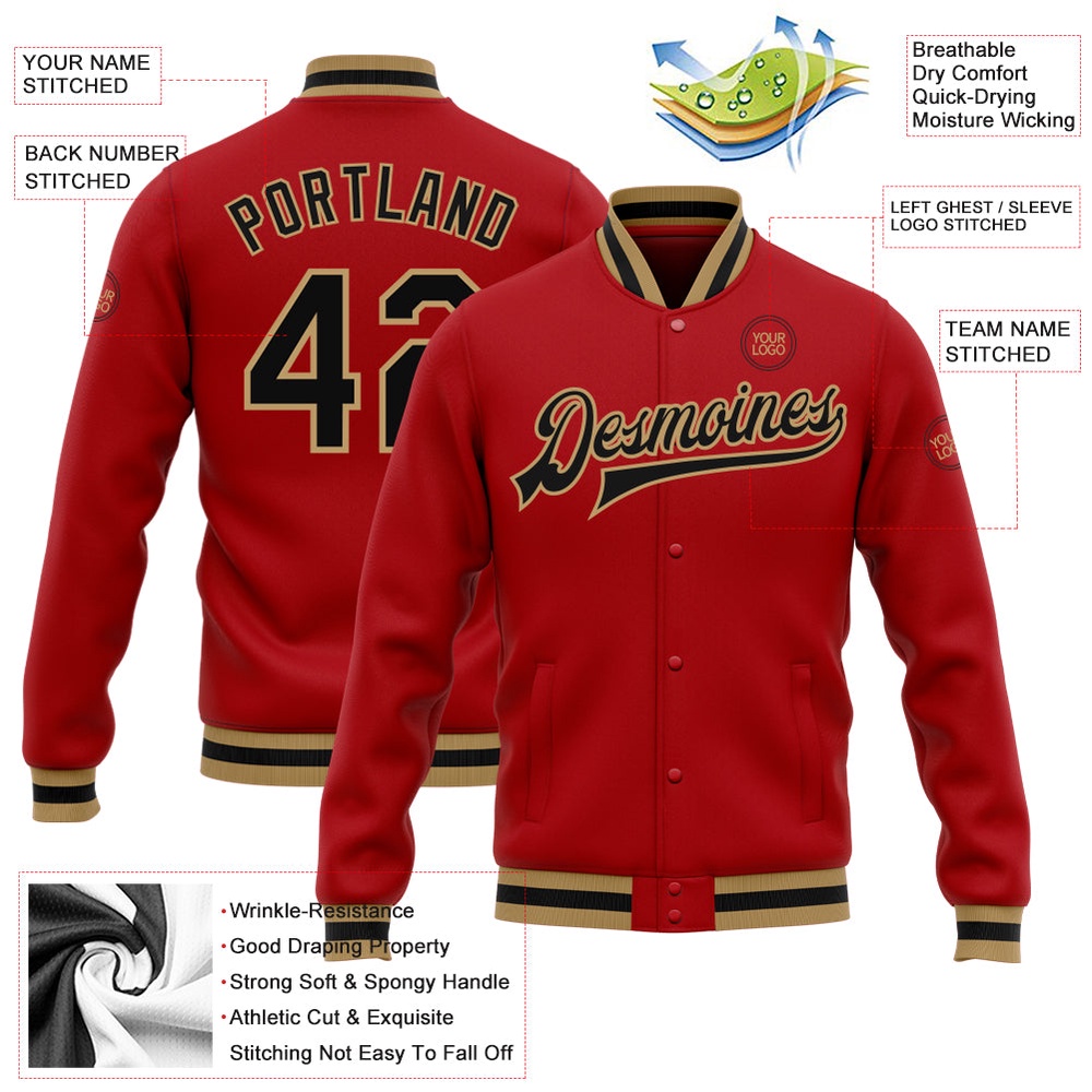 Custom Red Black Old Gold Bomber Full Snap Baseball Jacket, Custom Team Jacket