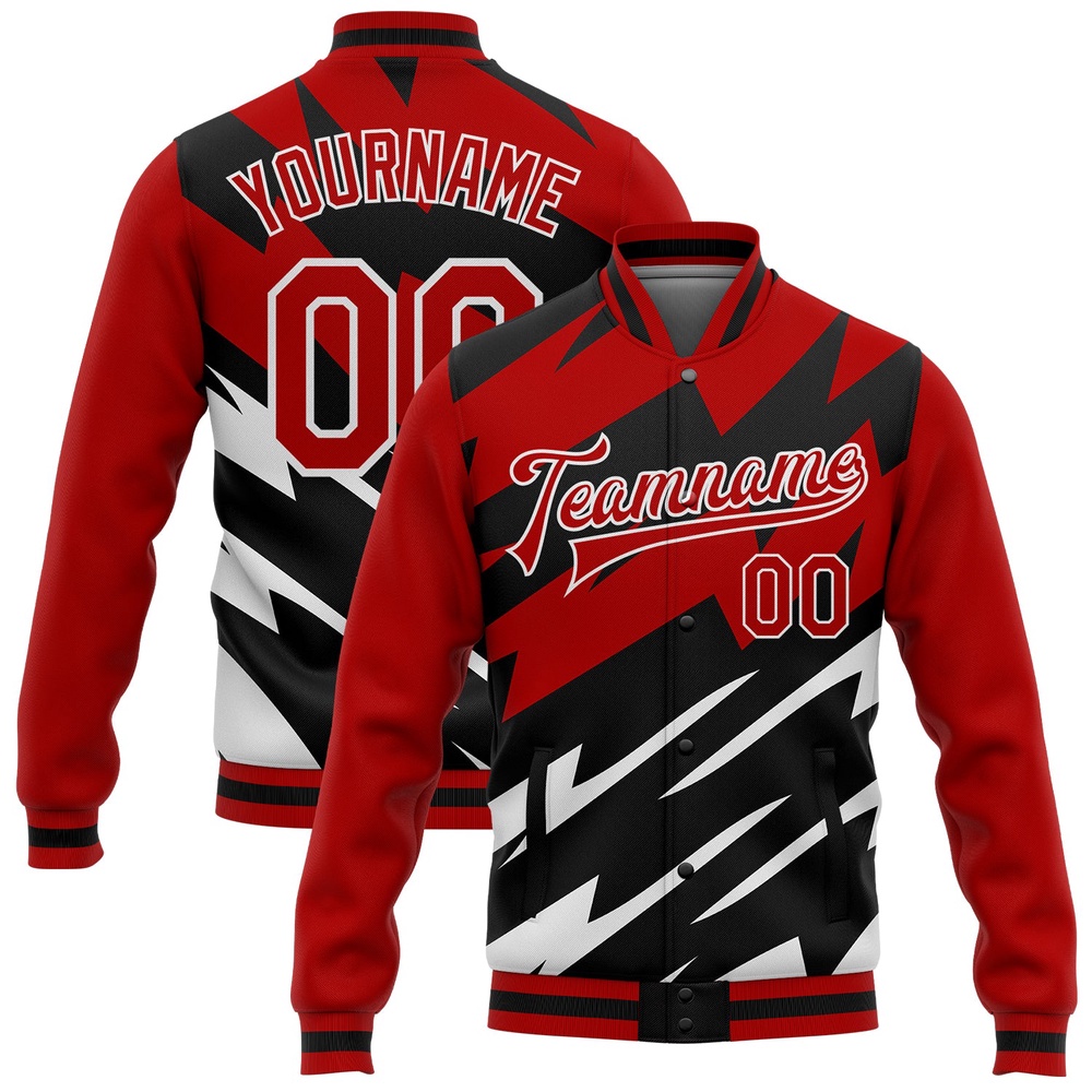Custom Red Black White Lightning 3D Pattern Design Bomber Full Snap Baseball Jacket, Custom Team Jacket
