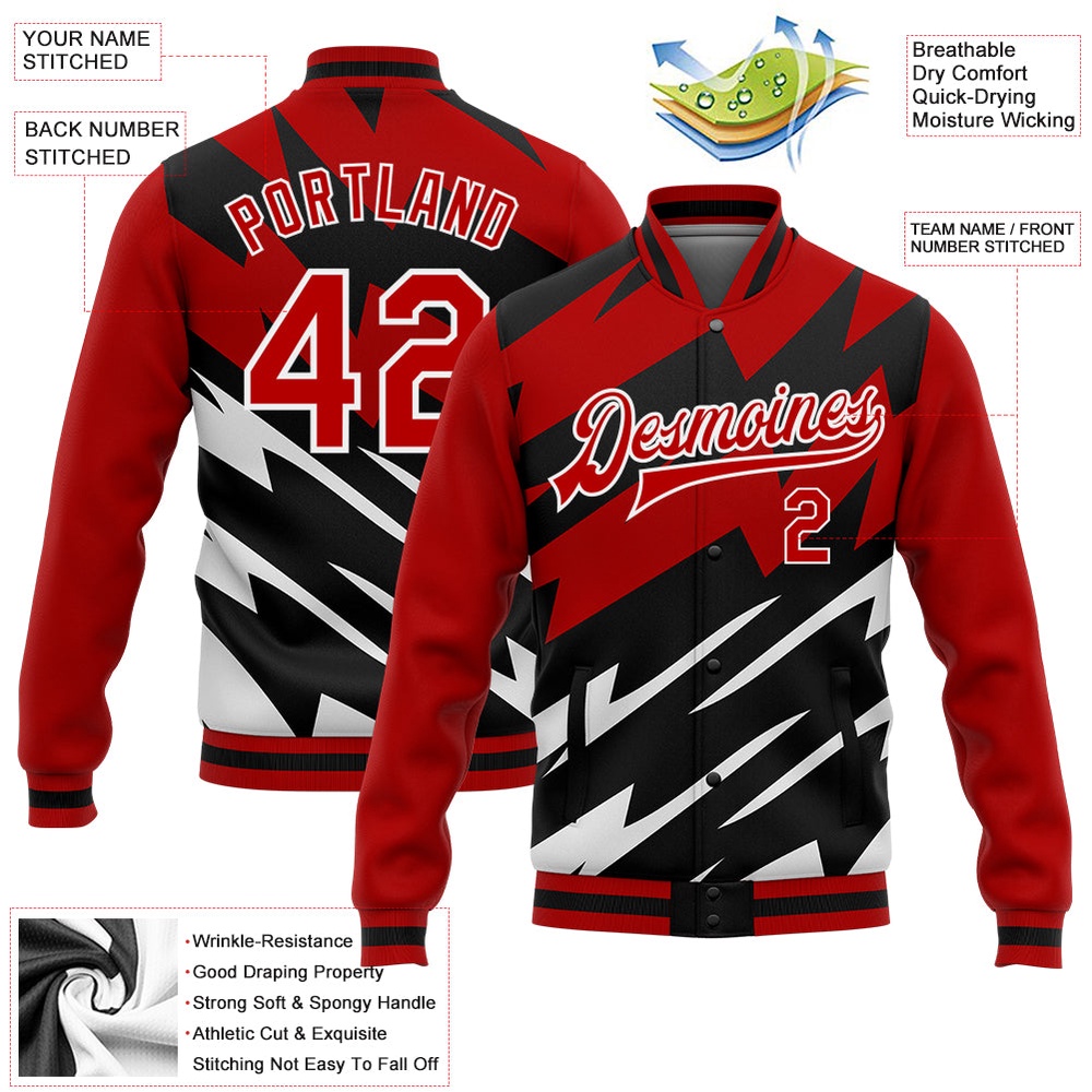Custom Red Black White Lightning 3D Pattern Design Bomber Full Snap Baseball Jacket, Custom Team Jacket
