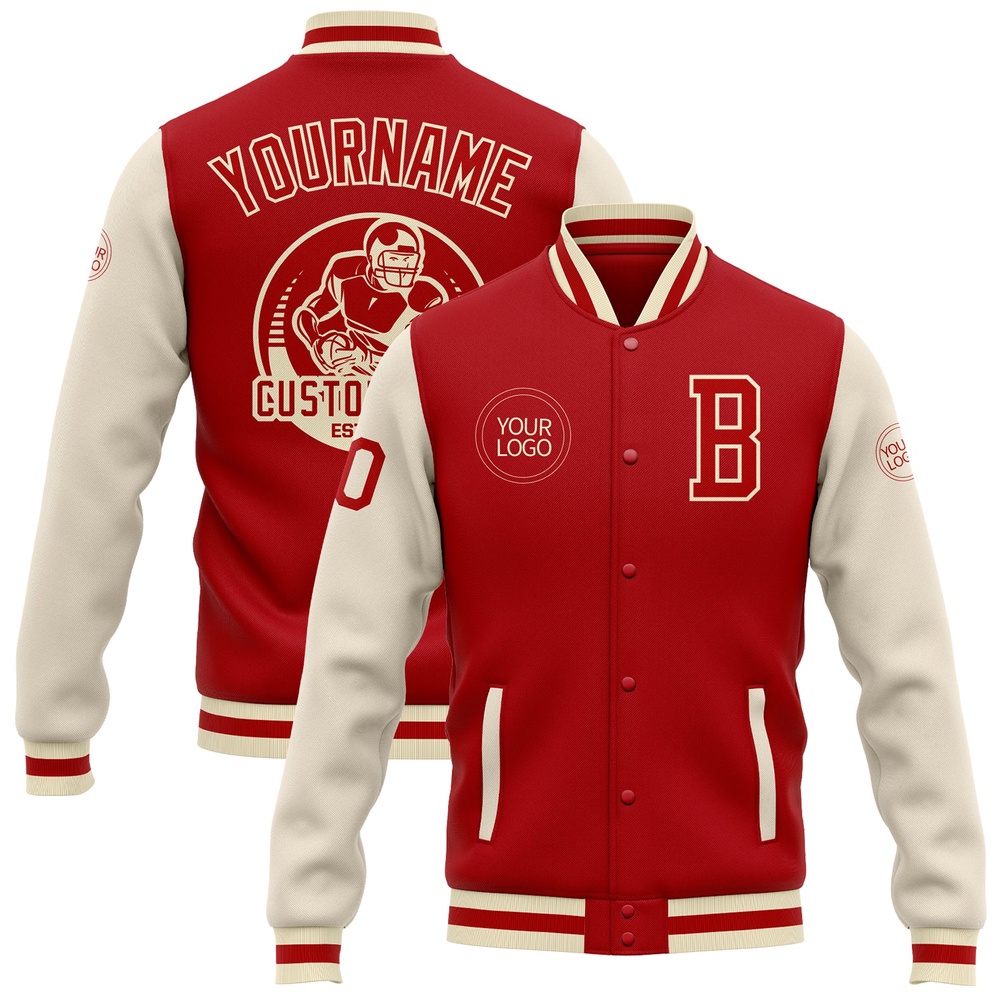 Custom Red Cream Bomber Full Snap Varsity Baseball Jacket, Custom Team Jacket