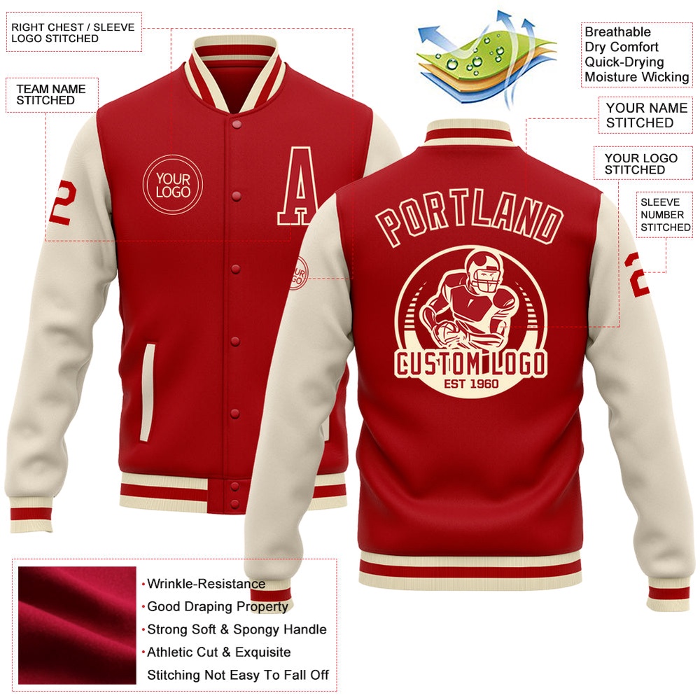 Custom Red Cream Bomber Full Snap Varsity Baseball Jacket, Custom Team Jacket