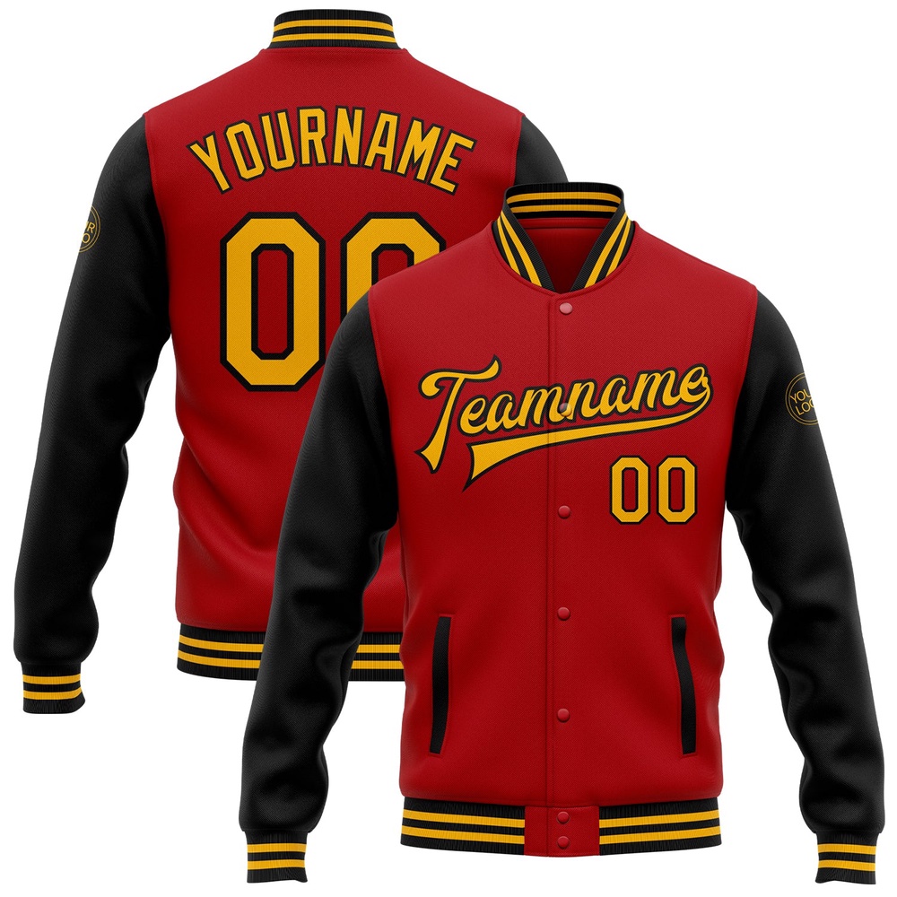 Custom Red Gold Black Bomber Full Snap Varsity Baseball Jacket, Custom Team Jacket