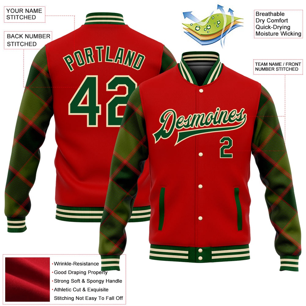 Custom Red Green Cream Check Board 3D Pattern Design Bomber Full Snap Baseball Jacket, Custom Team Jacket