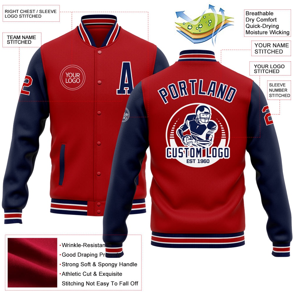 Custom Red Navy White Bomber Full Snap Varsity Baseball Jacket, Custom Team Jacket